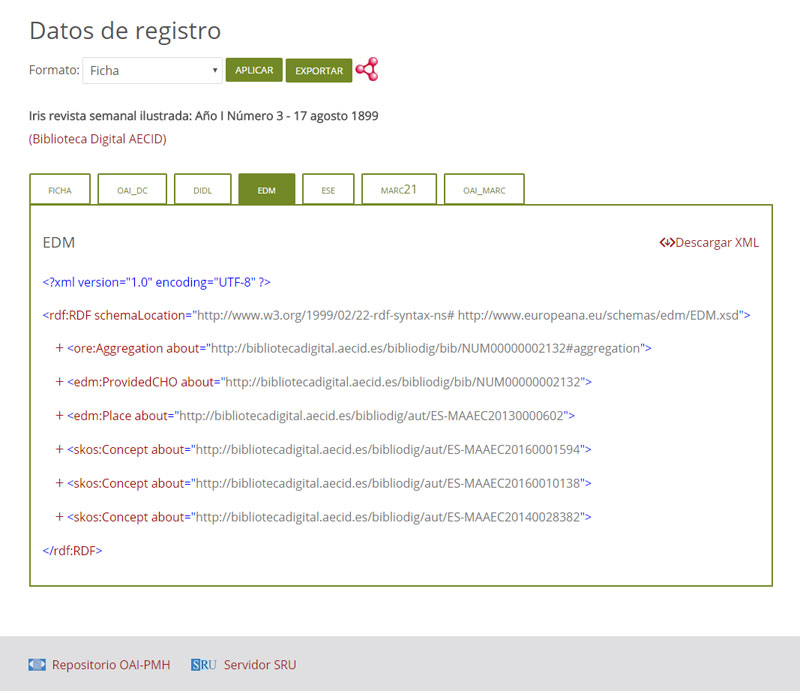 Pantallazo de datos de un registro en EDM