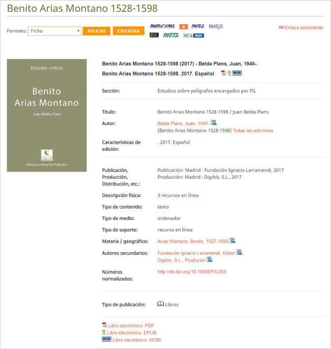 Registro bibliográfico del libro electrónico sobre Benito Arias Montano en la Biblioteca Virtual de Polígrafos. 