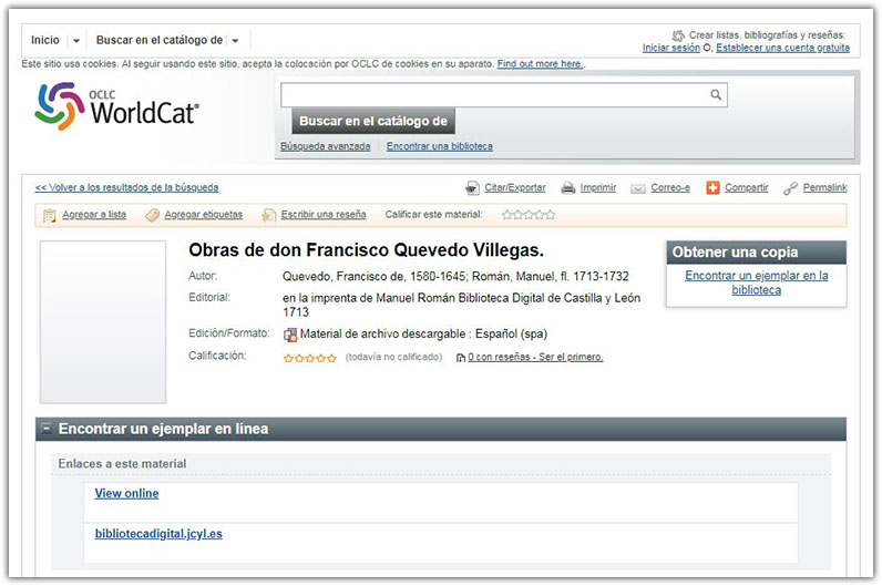 Pantallazo. La misma ficha bibliográficia de la Obras de Francisco Quevedo en el WorldCat