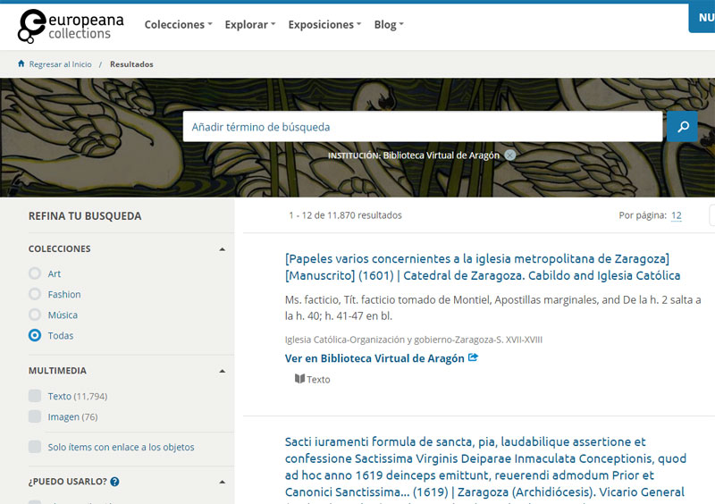 Pantallazo de página de resultados de la Biblioteca Virtual de Aragón en Europeana.