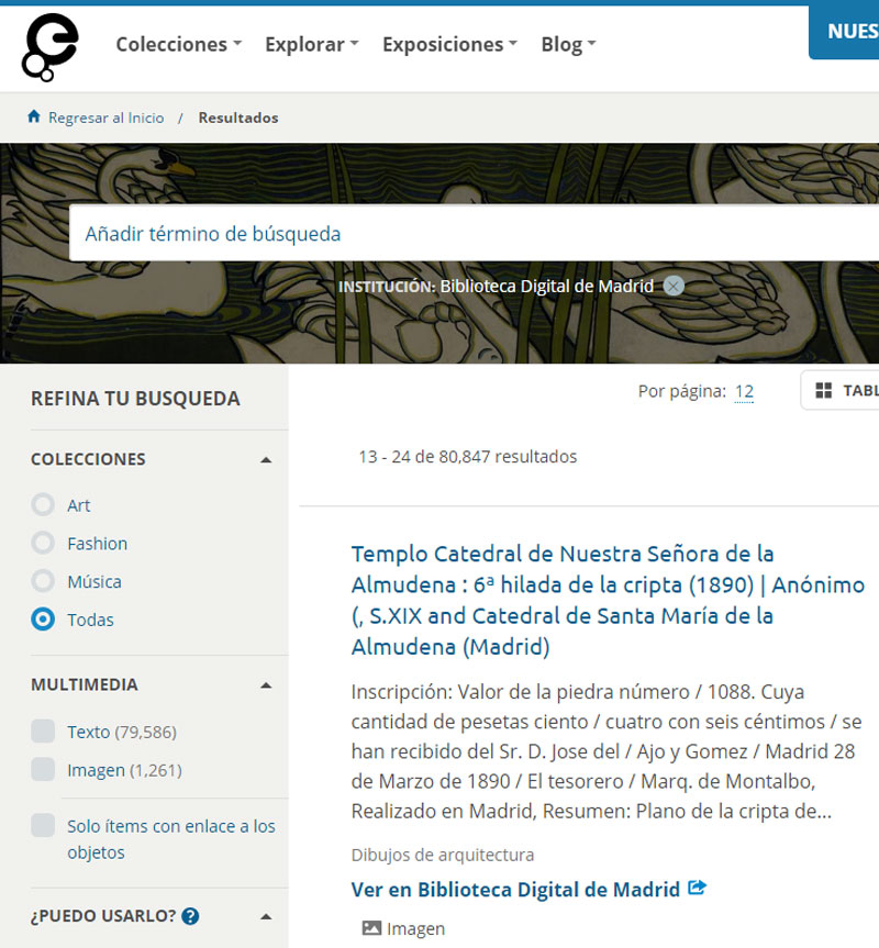 Pantallazo con registros en Europeana