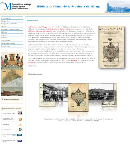 Pantalla de inicio de la Biblioteca Virtual de la Provincia de Málaga