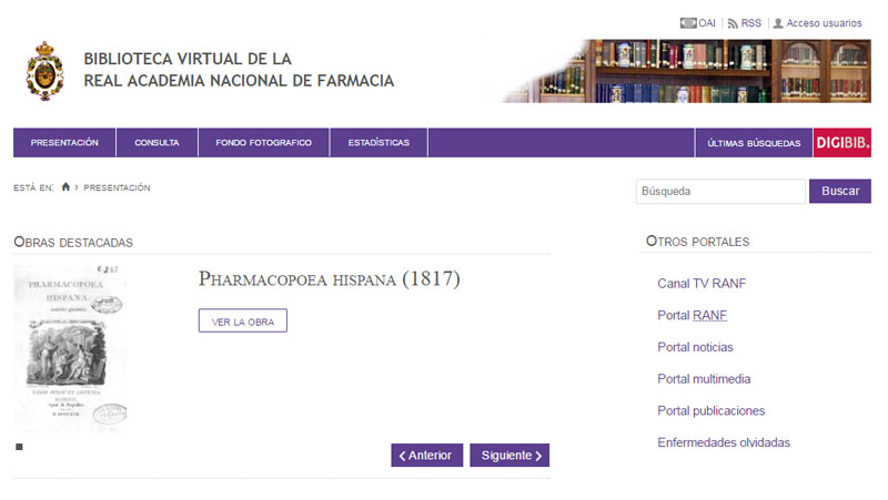 Pantallazo. Detalle de la página de presentación de la Biblioteca Virtual de la Real Academia Nacional de Farmacia