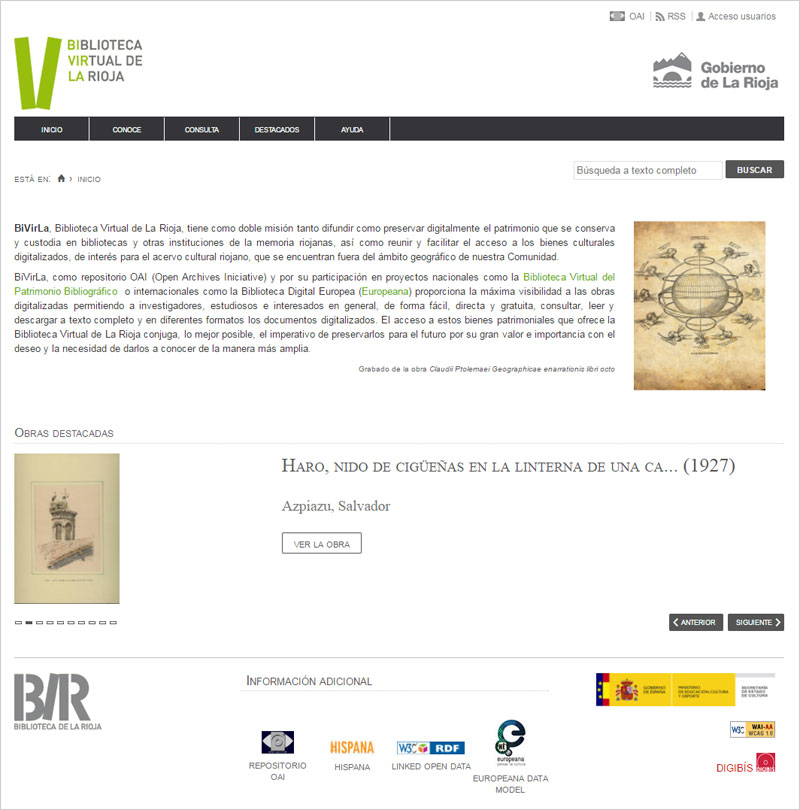 Pantallazo de la página de inicio de la Biblioteca Virtual de La Rioja