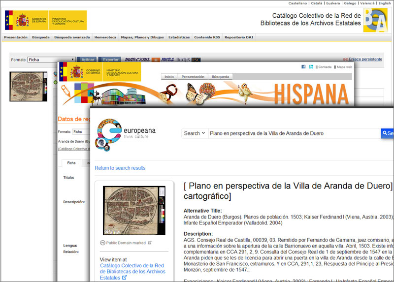 Visualización de la secuencia de agregación de un dato del CCBAE a Europeana a través de Hispana.