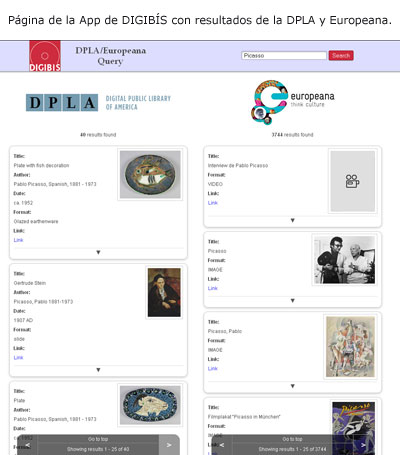 Página de resultados de la App de DIGIBÍS para la DPLA y Europeana.