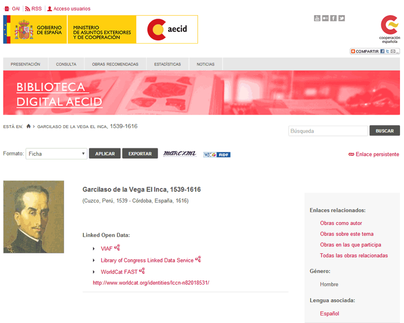 Biblioteca Digital AECID: enlaces externos LOD en el registro del Inca Garcilaso de la Vega.