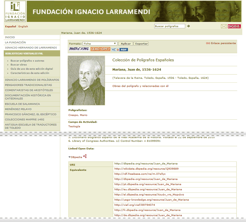 Ficha de autoridad de la Biblioteca Virtual de Polígrafos que muestraresultados de la DBpedia