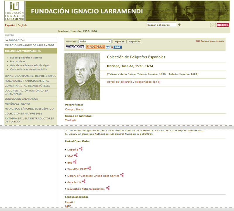 Ficha de autoridad de la Biblioteca Virtual de Polígrafos con enlaces externos LOD