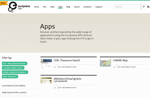 Pantallazo de la página de Europeana Labs en la que se muestra la Biblioteca Virtual Ignacio Larramendi de Polígrafos