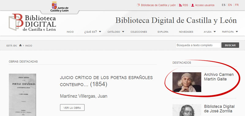 Pantallazo. Acceso al Archivo Carmen Martín Gaite desde la BD de Castilla y León