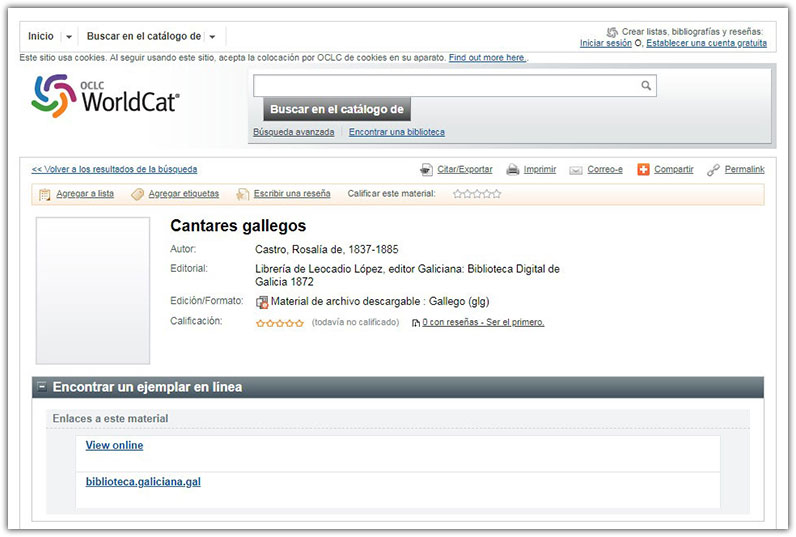 Pantallazo. La misma ficha de Cantares gallegos, de Rosalí de Castro, en el WorldCat