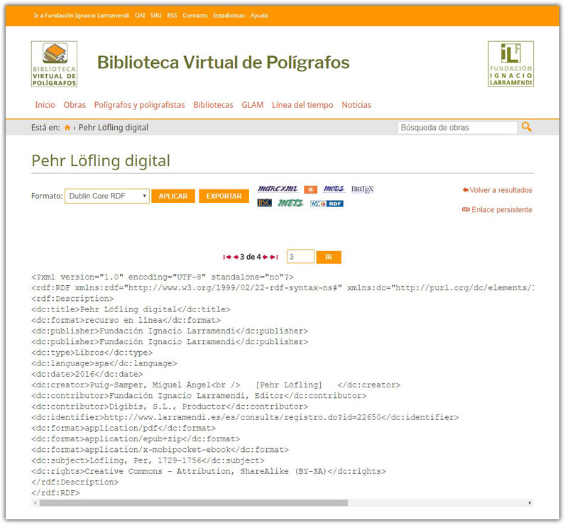 Pantallazo. Ficha bibliográfica del estudio sobre Peer Löfling en formato Dublin Core