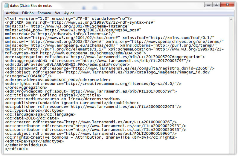 Pantallazo. RDF correspondiente a la ficha bibliográfica del estudio sobre Peer Löfling