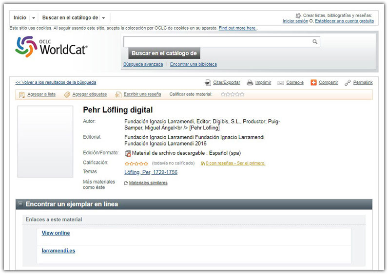 Pantallazo. La ficha bibliográfica del estudio sobre Peer Löfling en el WorldCat