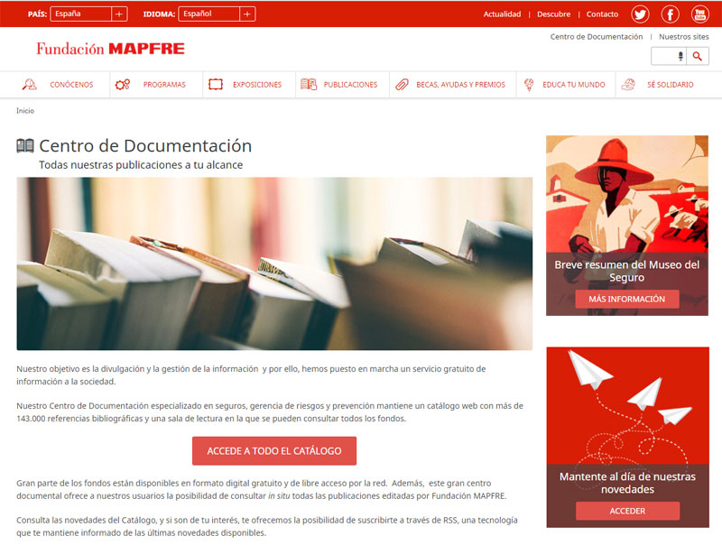 Captura de pantalla. Página de acceso al Centro de Documentación en el sitio web de la Fundación MAPFRE