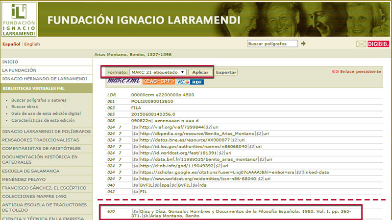 Página de resultados MARC 21 en la Fundación Ignacio Larramendi