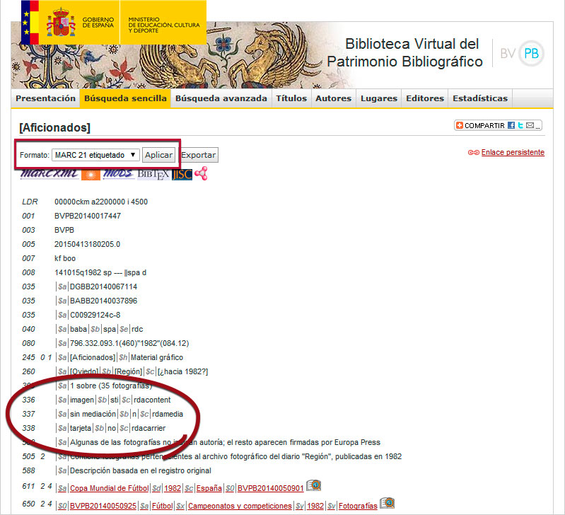 Página de resultados con formato MARC 21