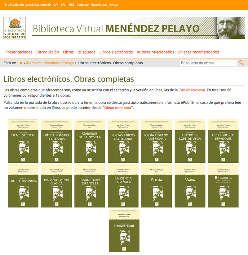 Pantallazo. Página de descargas de las obras completas de Menéndez Pelayo en formato EPUB