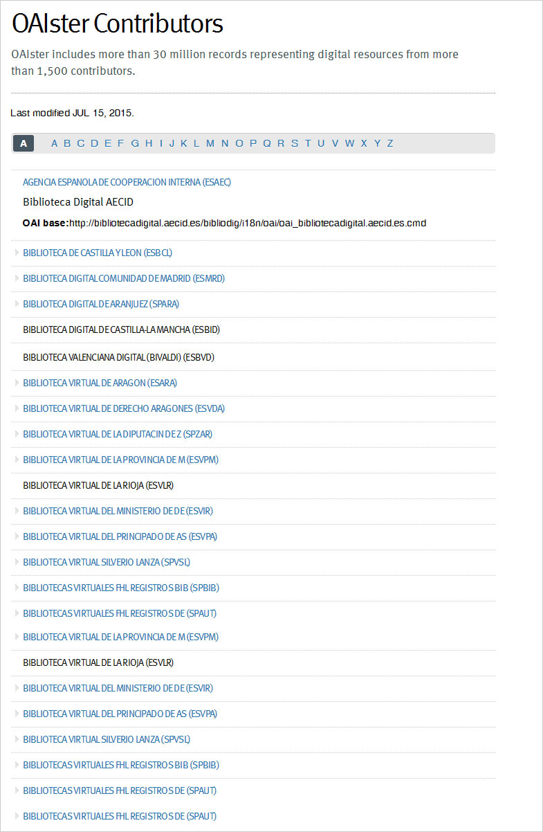 Imagen de la lista de participantes en OAISTER preparada para que se vean algunas de las Bibliotecas Virtuales producidas por DIGIBÍS.
